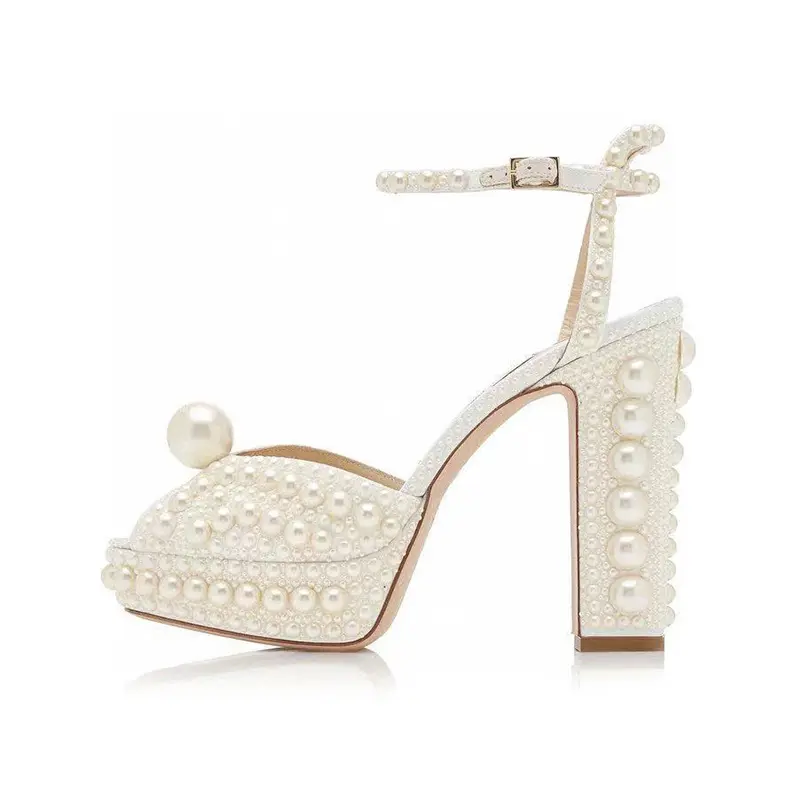 New design Block heel open toe ankle strap pearls white wedding party platform high heel wedding shoes