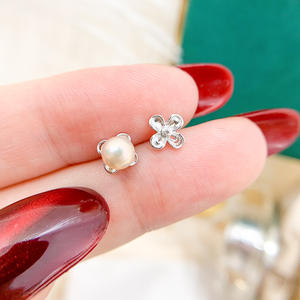 Boucles d'oreilles clous en argent S925 avec perles rondes de 3-5 mm, accessoires de perles DIY, support de fleurs tendance - 21369 - Product Image 2