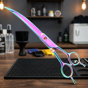 Ciseaux de toilettage pour animaux de compagnie, lames légèrement courbées, revêtement multi-plasma coloré, coiffure professionnelle, manche long, pour droitiers - Product Image 5