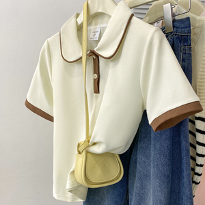 Polo de Punto Crema para Mujer, Manga Corta, Color Sólido, Transpirable, Largo Regular - Product Image 4