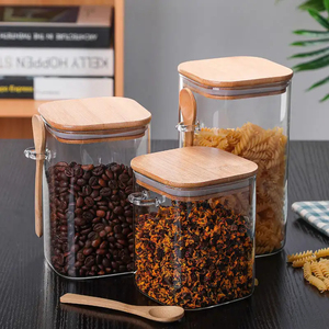 Tarro de almacenamiento de especias de cocina con cuchara de madera, contenedor de almacenamiento de alimentos de vidrio, botella dispensadora de granos con tapa hermética - Product Image 4