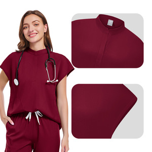 Women Scrub Uniform Set Maroon Moisture Wicking Knitted Hospital Workwear Top And Pants For Nurses Doctors - Product Image 1