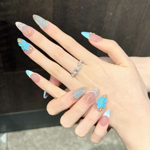 <span class=keywords><strong>Uñas</strong></span> postizas acrílicas hechas a mano estilo océano 3D con flores tropicales, forma almendrada, 10 unidades, con logo personalizado, venta al por mayor - Product Image 3