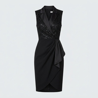 Robe midi moulante noire baroque en dentelle et sequins, froncée, élégante, sans manches, col cranté, pour femme, idéale pour les fêtes, personnalisable OEM/ODM
