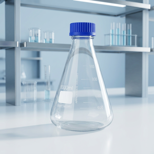Frasco Cónico de Laboratorio de Vidrio de 1000 ml con Fondo Plano y Tapa de Rosca Azul, Botella para Reactivos - Product Image 2