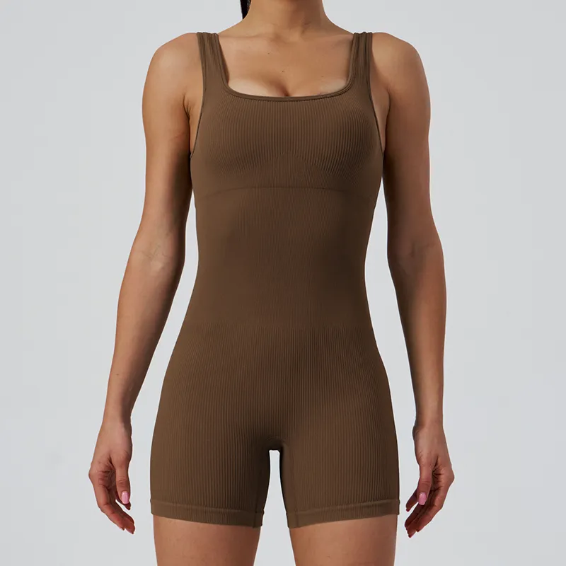 Nahtloses einteiliges Yoga-Kleid Damen Sand Wash Square Neck Einteilige Shorts Yoga Fitness Onesie