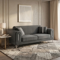 Canapé moderne 3 places en velours gris, rembourré en mousse, avec décorations en acier argenté, ensemble de canapés de luxe sur mesure 123 pour villa, ensemble de salon