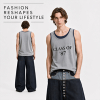 Débardeur sans manches pour homme gris chiné avec bordure contrastante, col rond, imprimé graphique « Classe de 87 », style vintage streetwear personnalisé