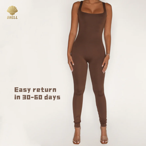 Luluxiyaya Yoga Fit Jersey monopezzo a collo quadrato a lunghezza intera Casual pantaloni in forma Legging seconda tuta di pelle - Product Image 3