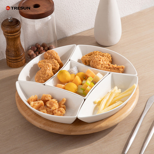 Plateau de service en céramique nordique de qualité supérieure pour buffet de restaurant, plats à tapas, vaisselle en porcelaine avec plateau en bambou - Product Image 1