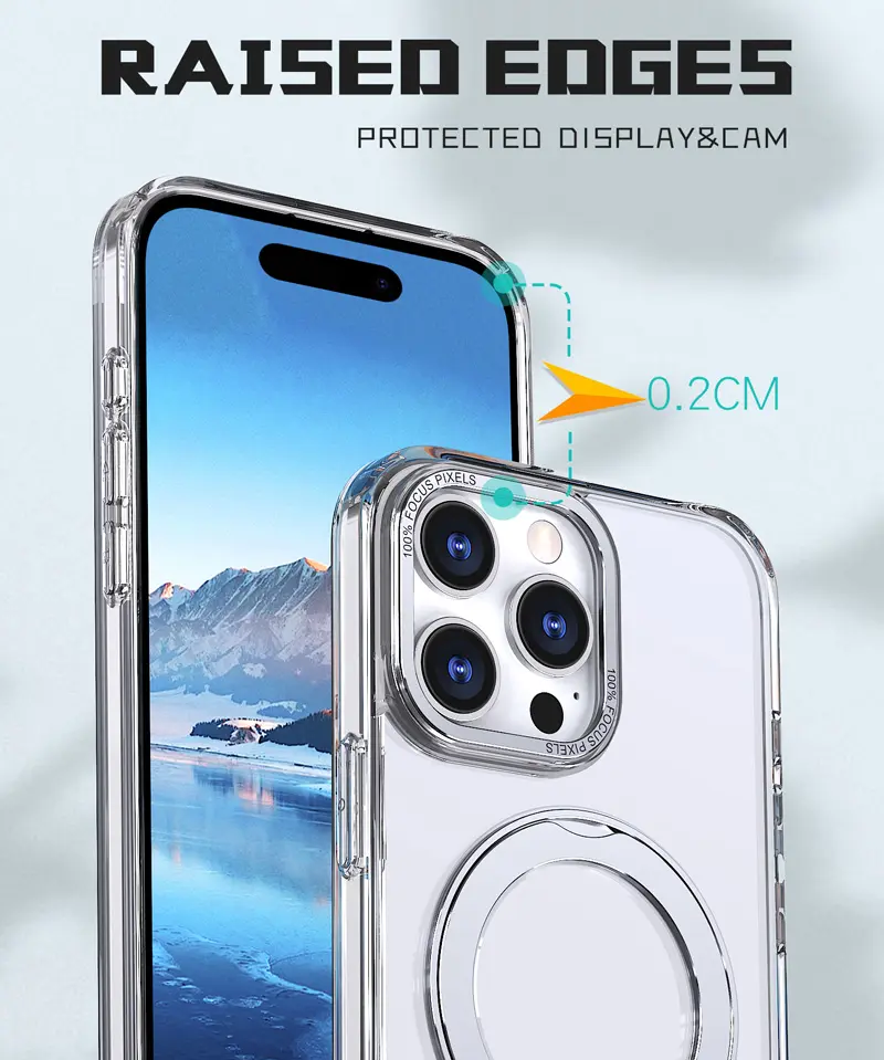 For iPhone 16 Pro Max Phone Case For Apple 15 14 13 12 Metal 360 degree Rotating Stand Transparent Acrylic Phone Protective Case