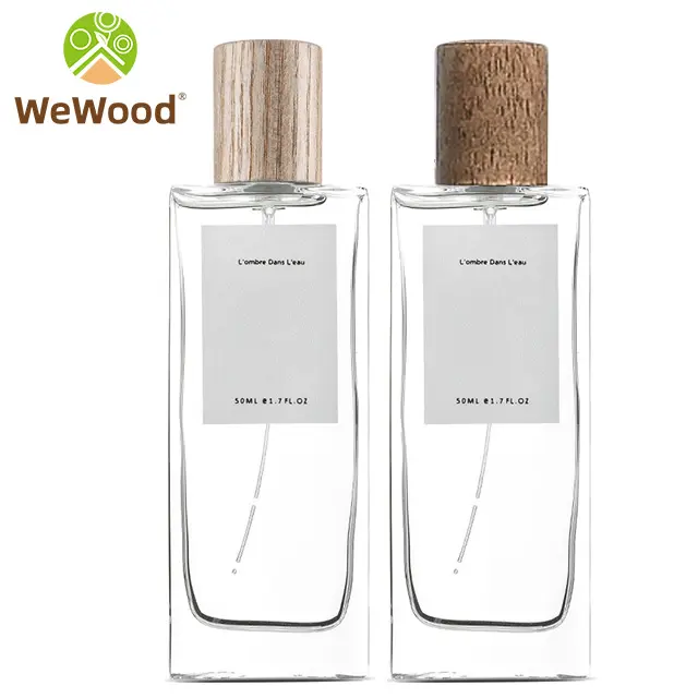 Botellas de Perfume de 50ml, espray pequeño de vidrio vacío con bomba y tapa de madera