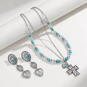 KJ Artificial Drop Earrings Turquoise Beaded Double Layered Cross Pendant Charm Necklace and Earring Set