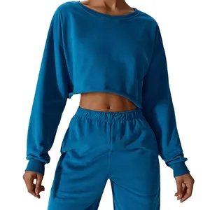 Оптовая Продажа с фабрики, укороченная толстовка, чистый синий женский пуловер на заказ, мягкие хлопковые флисовые свитера с круглым вырезом, укороченные толстовки для женщин