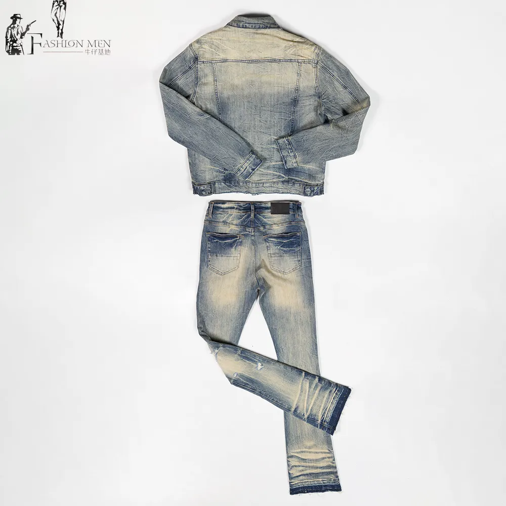 Costume en jean original pour hommes, personnalisé en usine, ensemble deux pièces en denim à la mode