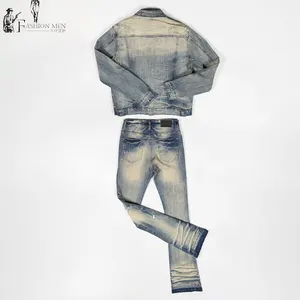 Fábrica original personalizado angustiado corte design dos homens denim terno de duas peças moda denim conjunto