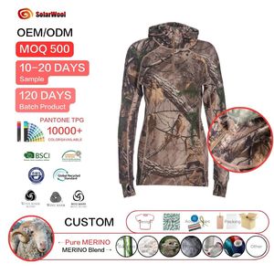 Haut à capuche en laine mérinos tricotée pour femmes, certifié <span class=keywords><strong>Woolmark</strong></span>, motif camouflage, idéal pour la chasse et la pêche, par Solarwool - Product Image 1