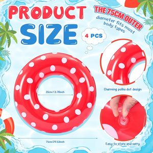 4 Pack Red White Polka Dot <b>Inflatable</b> Swim Rings for Pool Beach - Product Image 2
