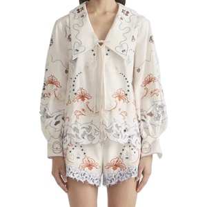 Women's Vintage French Style 2-Piece Set Floral Hollow Embroidered Printed Lapel Long Sleeve Shirt <b>Top</b> & Above Knee Shorts - Product Image 1