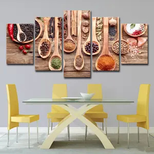 Large 5 Piece Kitchen Decor Herbs And Spices In Spoon Vintage Framed Artwork Canvas Print Wall Art For Dining Room Decoration