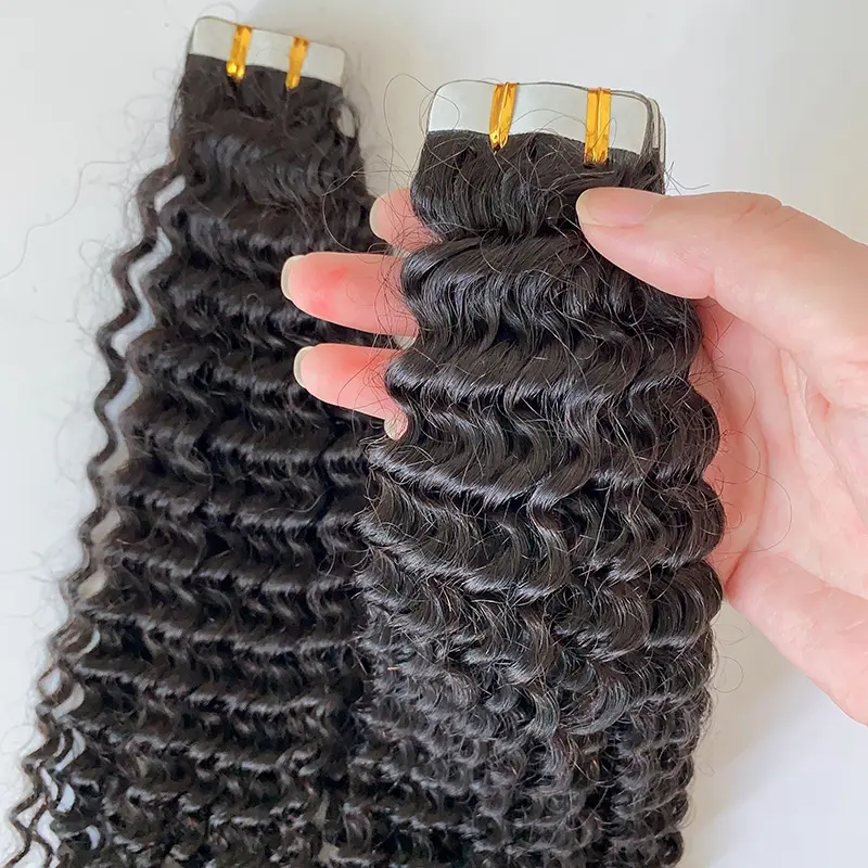 Wholesale natural color black kinky curly unprocessed virgin raw Brazilian human hair invisible tape in remy hair extensions
