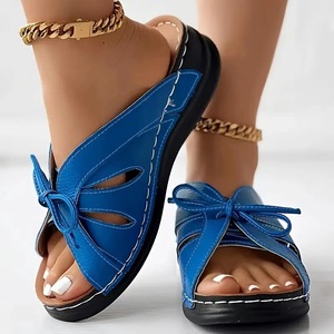 Nouvelle couleur unie creux <span class=keywords><strong>poisson</strong></span> bouche femmes sandales et pantoufles D007 grand nœud fond plat pente talon femmes sandales - Product Image 3