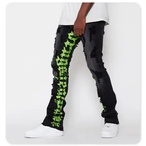 Custom Schade Vibe Print Gescheurde Uitlopende Gestapelde Broek Custom Denim Broek Mannelijke Gestapelde Denim Jeans Man Heren Jeans Heren