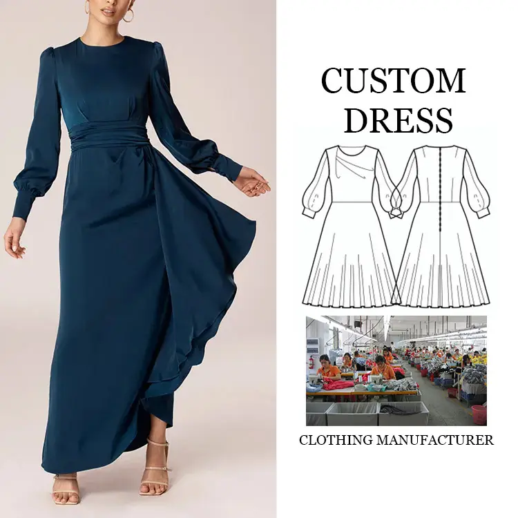 Produttore di abbigliamento personalizzato all'ingrosso casual elegante tunica vestito signora manica lunga pieghettato vita volant lungo Maxi vestito da donna