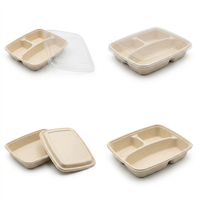 Boîte à lunch en bagasse de canne à sucre à 4 compartiments, haute profondeur 5,7 cm, capacité 1000 ml, couvercle biodégradable, micro-ondable, réutilisable, recyclable
