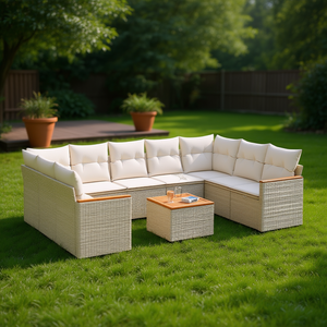 Ensemble de canapés de jardin beige en rotin PE tressé avec coussins en mousse haute densité, imperméable, design contemporain - Product Image 2