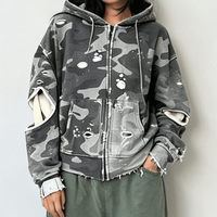 Ouna Clothing Manufacturer Custom Heavyweight Cotton Oversize Hoody Distressed Camouflage Camo Zip up Hoodie Unisex