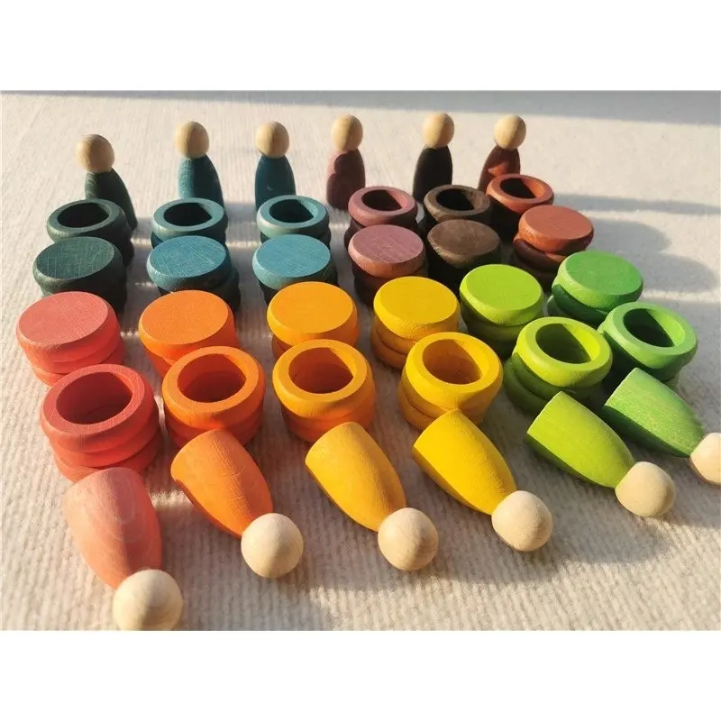 Wooden Stacking Blocks Rainbow Coins and Rings with Peg Dolls Loose Parts Toy for Kids Open Ended Play