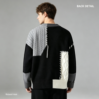 Pull en tricot torsadé patchwork pour homme, col rond, doux, chaud, décontracté, pour l'automne et l'hiver