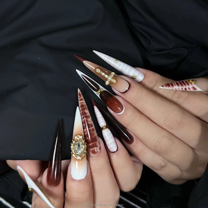 <span class=keywords><strong>Uñas</strong></span> postizas largas <span class=keywords><strong>de</strong></span> tacón <span class=keywords><strong>de</strong></span> aguja con <span class=keywords><strong>estampado</strong></span> <span class=keywords><strong>de</strong></span> <span class=keywords><strong>vaca</strong></span> <span class=keywords><strong>en</strong></span> marrón y negro hechas a mano - Product Image 4