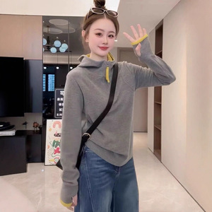 Korean Style Color Blocked Fleece Half Zip Hooded Sweatshirt Women Heather Gray Dark Gray Spring Autumn 2025 Base Layer Top - Product Image 2