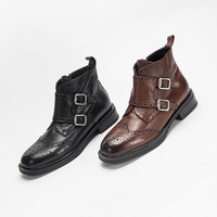 Sepatu Boots Chelsea Wanita Kulit Asli Model Inggris Gaya Musim Gugur, Ujung Bulat, Resleting, Hak Datar
