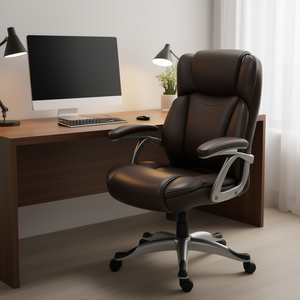 Chaise de bureau pivotante en cuir PU marron, accoudoirs réglables, fonction d'inclinaison, facile à nettoyer, design contemporain - Product Image 2