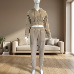 Ensemble de survêtement à capuche pour femme, fermeture éclair intégrale, couleur unie, décontracté, automne, coton, pantalon de jogging respirant, coupe régulière - Product Image 1