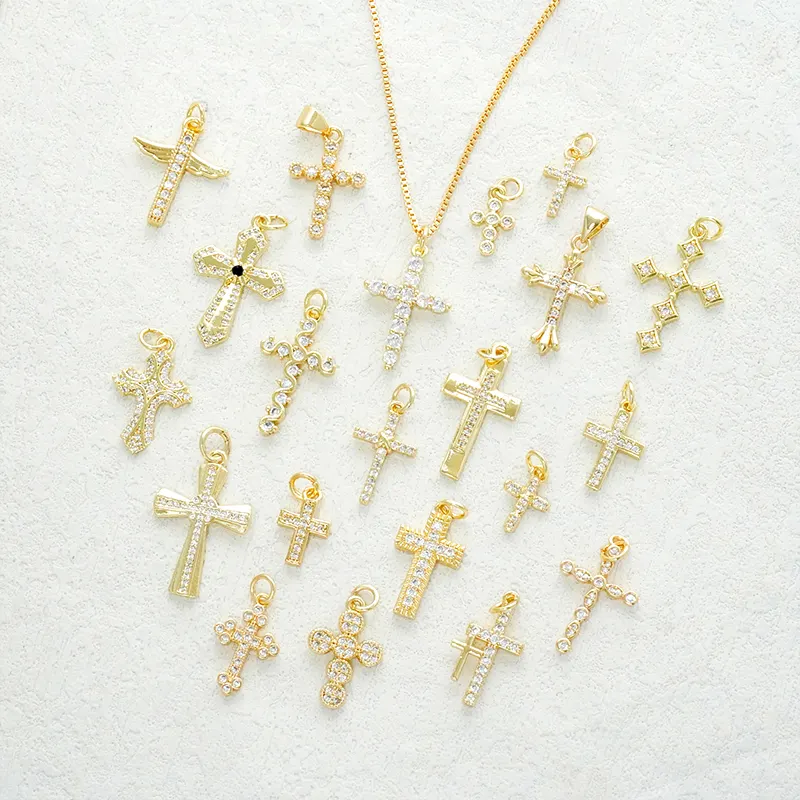 Wholesale Fashion Gold Filled Plated Brass Necklace Cz Cross Pendants Charms For Diy Jewelry Making Bracelets Earrings Accessory