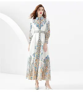 C ROPA Elegante Floral Maxi Vestido Mujer Vestidos étnicos de un solo pecho Flor Noble Vestido largo con manga larga