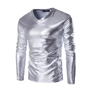 Nieuwe 2022 Mode Lente Herfst Hot Stamping Glanzend Goud/Zilver/Zwart Nachtclub Dans Wijn Bar Lange Mouw V-hals T Shirts Mannen 4XL