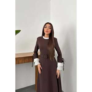 ชุดเดรสทรงเอไลน์สีน้ำตาล คอปกปีเตอร์แพน แขนจีบ เอวทรงธรรมชาติ ผ้าทอเนื้อนุ่ม สวมใส่สบาย - Product Image 4