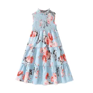 2024 Girl's Dress For Summer Cute Girls Light Blue Floral Print Tight Sleeveless Frock