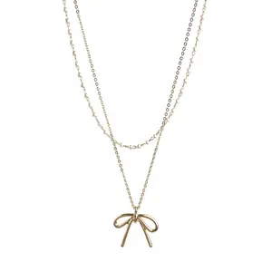 KITI 2024 Trending Bowknot Bow Pendant Necklace Waterproof Women Chic Fashion Gold Jewelry Wholesale