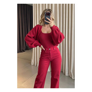 Boléro en tricot rouge pour femmes, manches raglan, style coréen, à porter toute l'année - Product Image 1