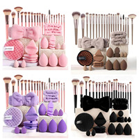 Ensemble de pinceaux de maquillage avec manche rose, pinceau pour poudre, fond de teint, fard à paupières, éponge de mélange