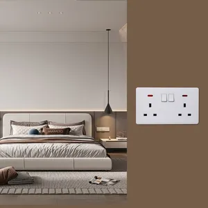 British/BS/UK 250V 15A single pole double twin 3 pin plug socket/ 2x3 hole rectangular power wall switch socket with neon outlet