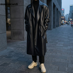 Manteau long en simili cuir pour homme Mauroicardi 2022, noir, avec design surdimensionné, épaules tombantes, ceinture pour le printemps et l'automne - Product Image 2