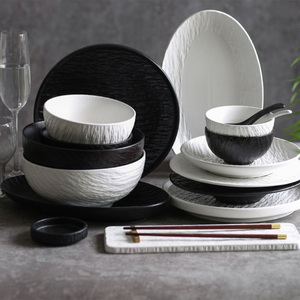 Juego de vajilla Tazón de arroz Serie de textura de <span class=keywords><strong>roca</strong></span> Tazones redondos de <span class=keywords><strong>gres</strong></span> blanco y negro Tazones de arroz de cerámica - Product Image 1