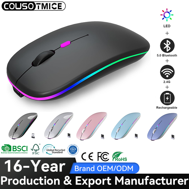 Rechargeable Bluetooth Wireless Flat Mouse with 2.4GHz RGB 1600DPI Computer Laptop Tablet PC Macbook Gaming Mouse Gamer
